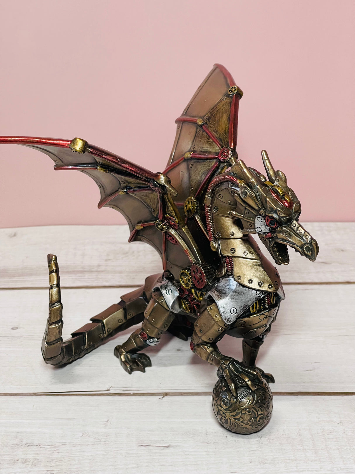 "Steampunk Dragon bronze statue with gears and mechanical wings – fantasy sculpture symbolising imagination and power"