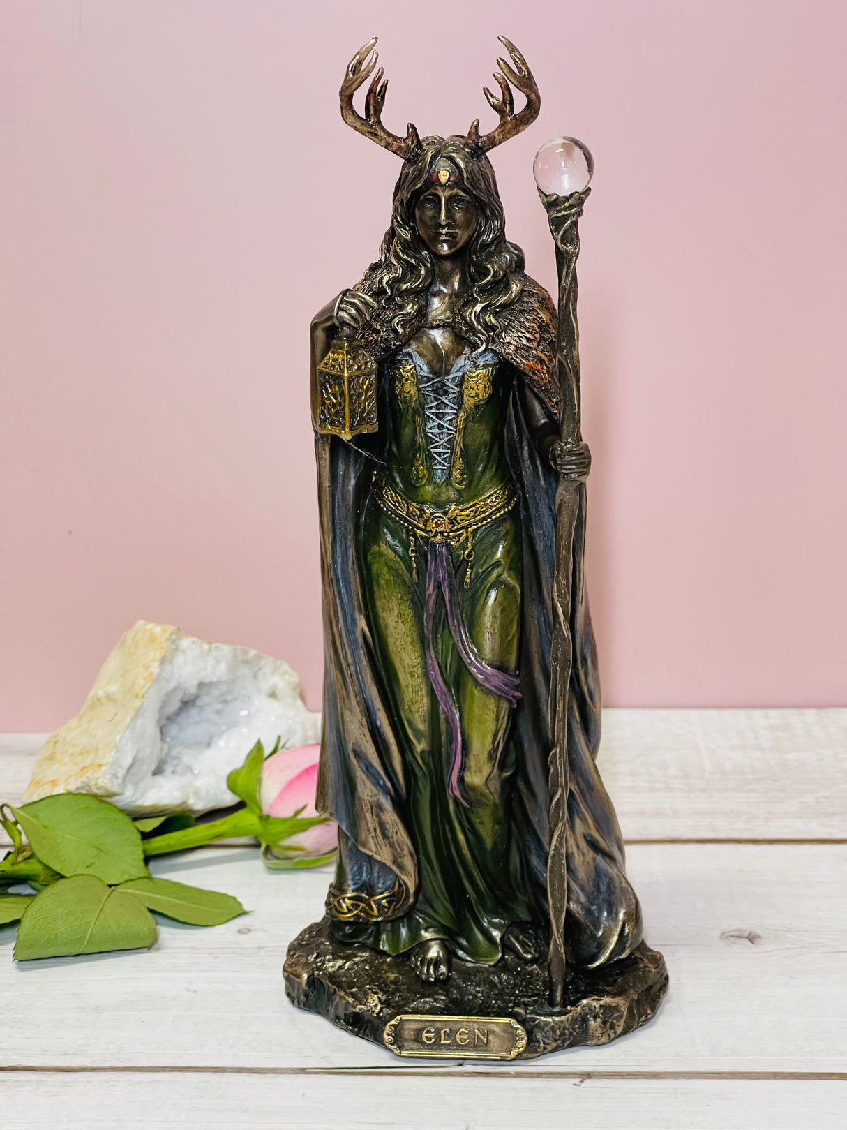 "Elen of the Ways bronze statue with antlers – Celtic Deer Goddess, Guardian of sacred pathways and ancient wisdom"
