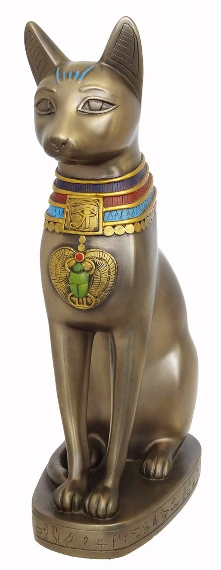 "Large Bast bronze statue with cat head – Egyptian Goddess of Protection, Fertility and Joy, symbol of love and divine feminine power"