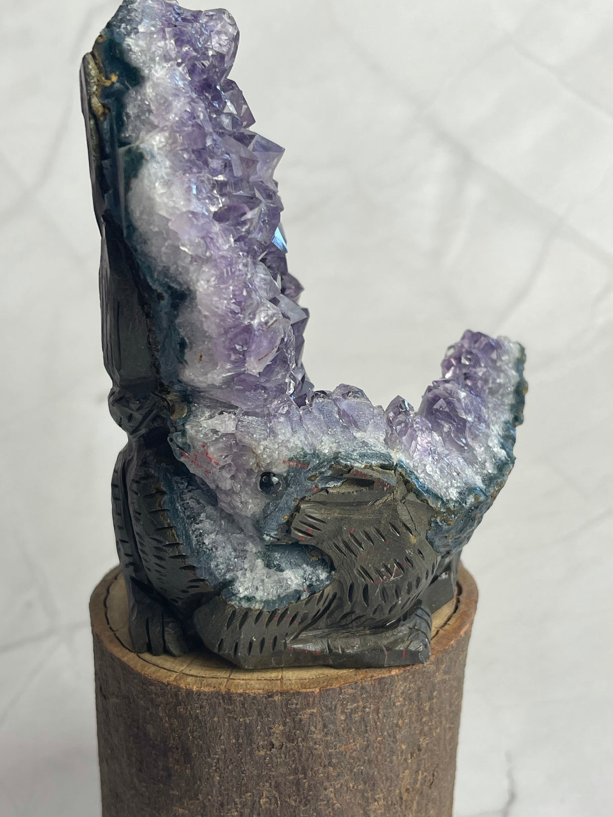Amethyst Cluster with a Squirrel hand-carved into back