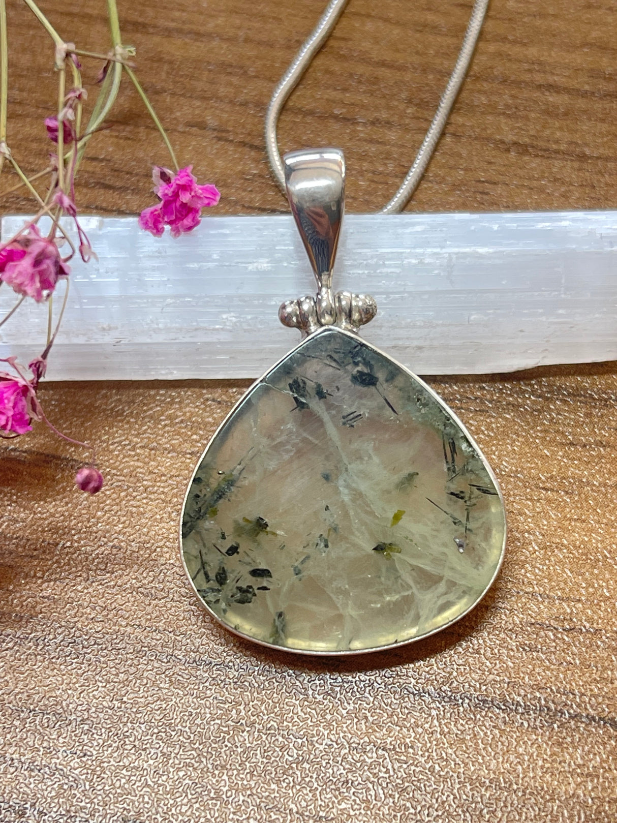 Prehnite Silver Pendant & Chain - Spiritual Growth. Stone of Magic