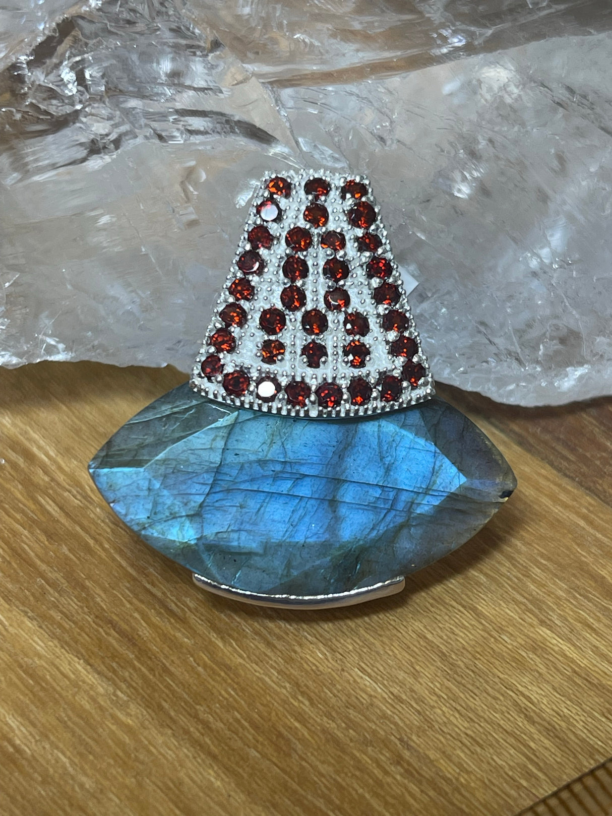 Labradorite & Garnet Large Silver Pendant - Magic