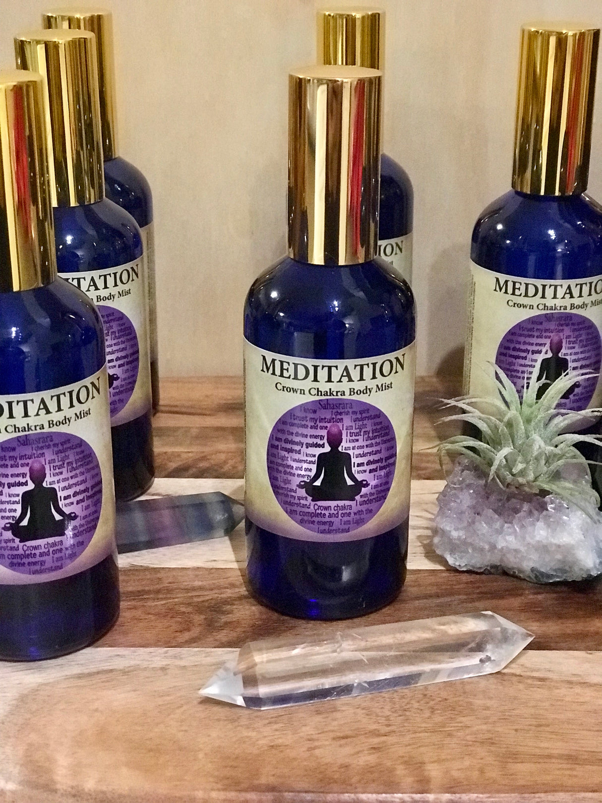 Meditation Chakra Mist in a 100ml glass bottle with gold atomiser, infused with Sandalwood and Frankincense oils, crystal-charged and Reiki-activated by Inspired By 3.