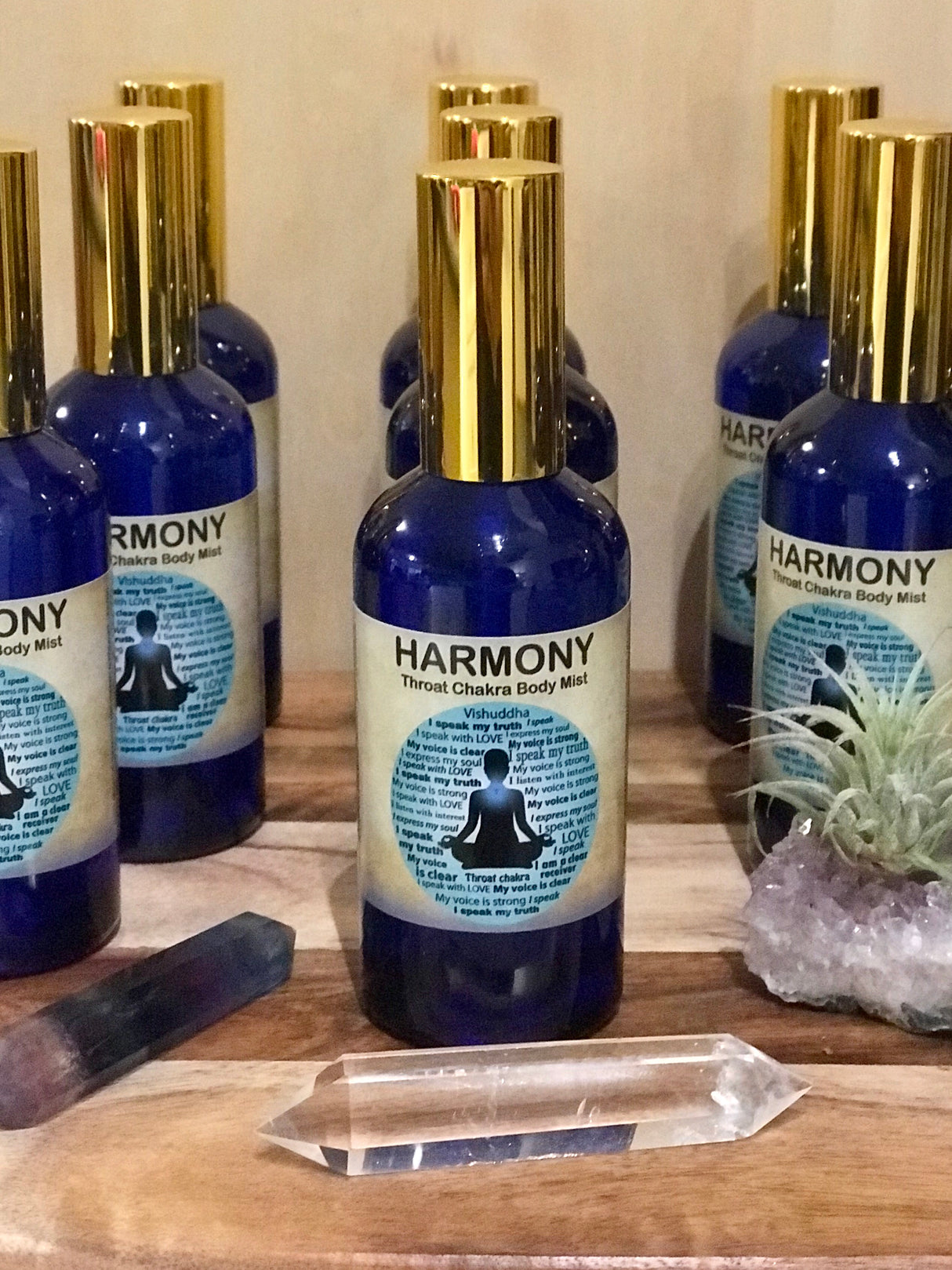 Harmony Chakra Mist in a 100ml glass bottle with gold atomiser, infused with Chamomile Roman and Geranium oils, crystal-charged and Reiki-activated by Inspired By 3.