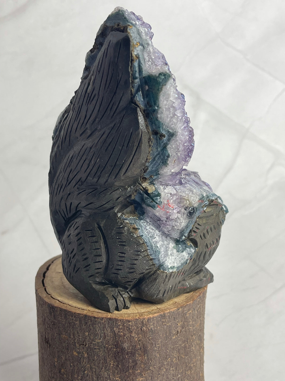 Amethyst Cluster with a Squirrel hand-carved into back