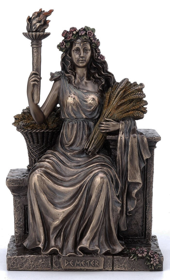 "Demeter bronze statue holding sheaves of wheat – Greek Goddess of Harvest, Fertility and Abundance, symbol of nurturing and gratitude"