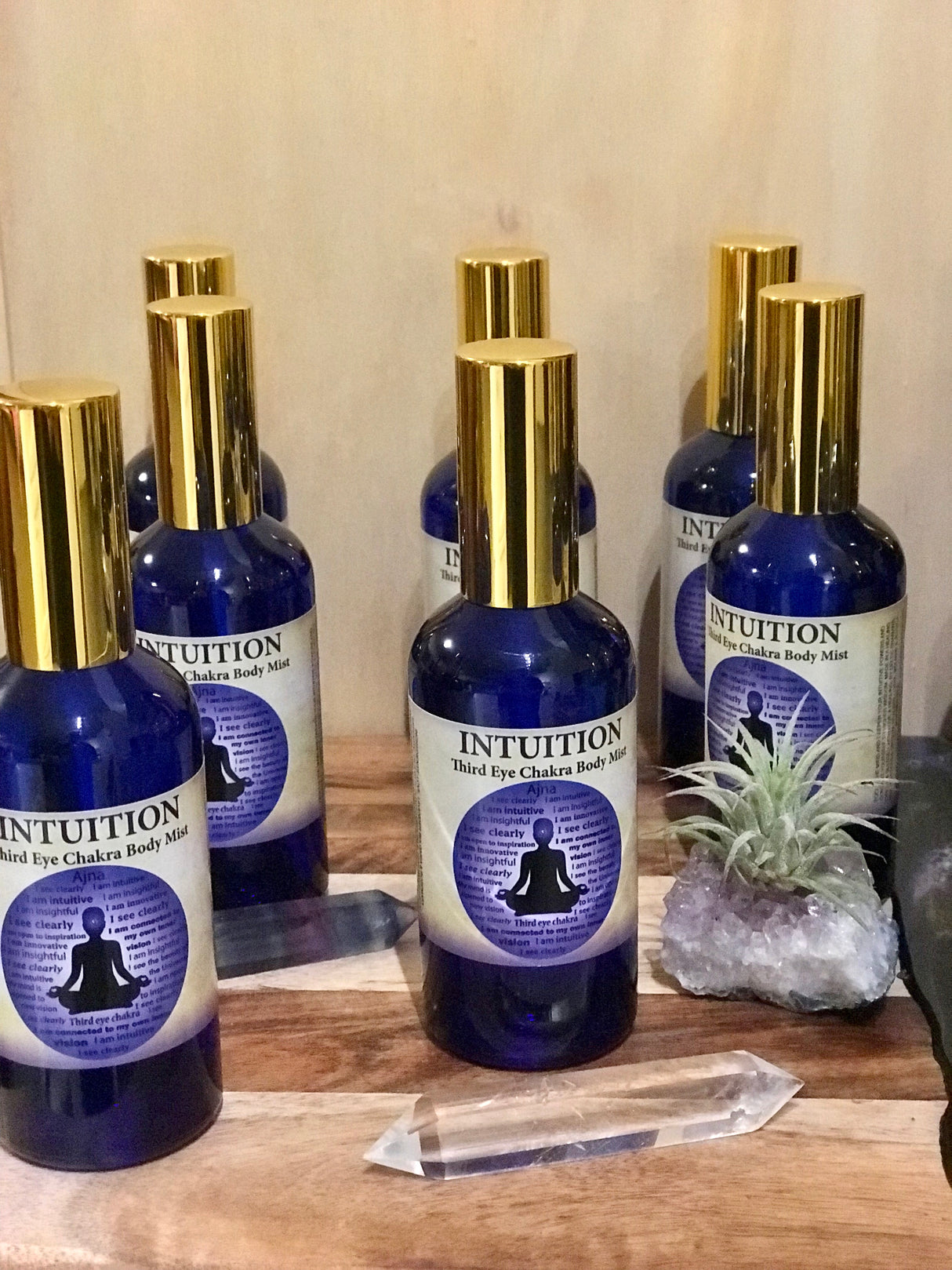 Intuition Chakra Mist in a 100ml glass bottle with gold atomiser, infused with Lavender and Rosemary oils, crystal-charged and Reiki-activated by Inspired By 3.