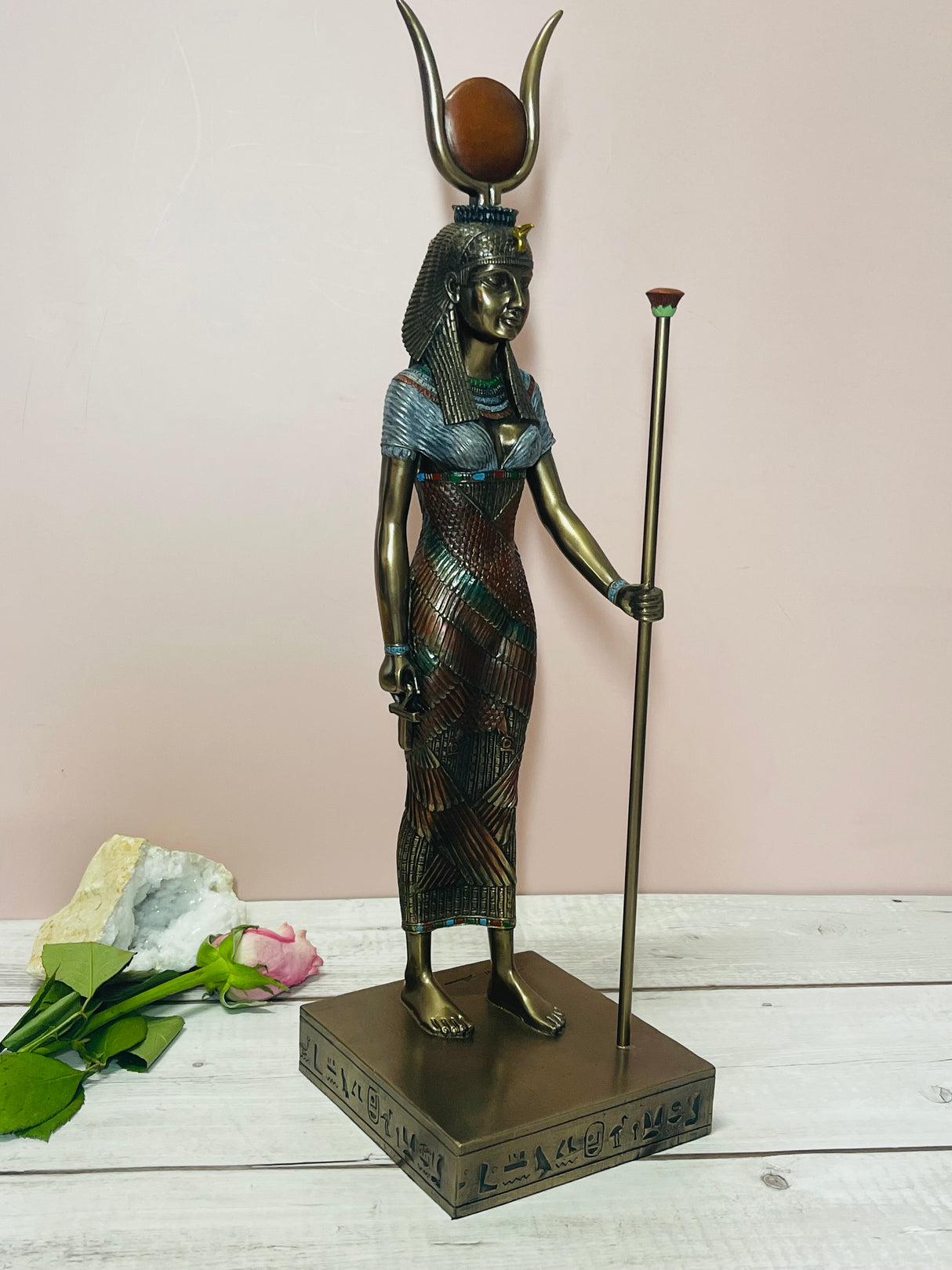 "Hathor bronze statue with cow horns and solar disc – Egyptian Goddess of Joy, Motherhood and Music, protector of women and mothers"