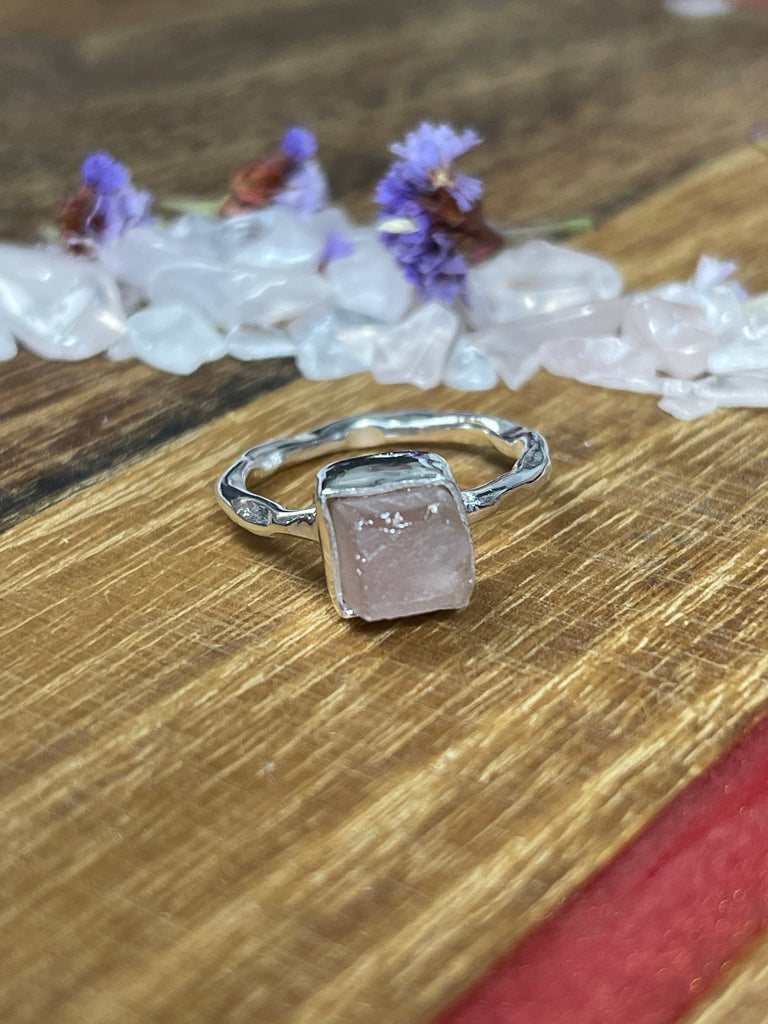 Rose Quartz Rough Silver Ring Size 6 - Love. Peace.