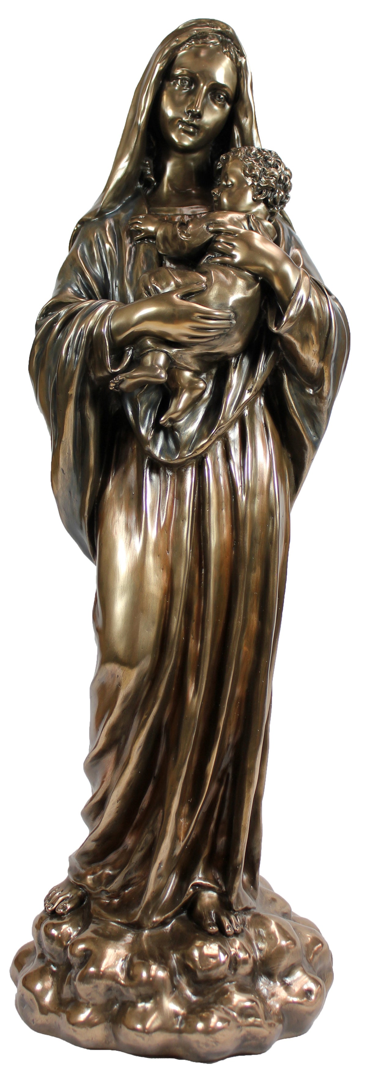 Large Mother Mary holding Jesus statue in cold cast bronze – sacred religious art