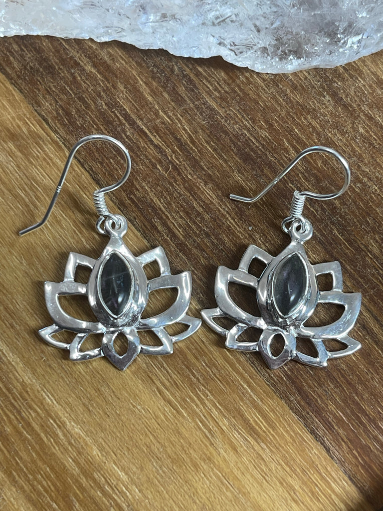 Labradorite Silver Lotus Flower Earrings - Magic