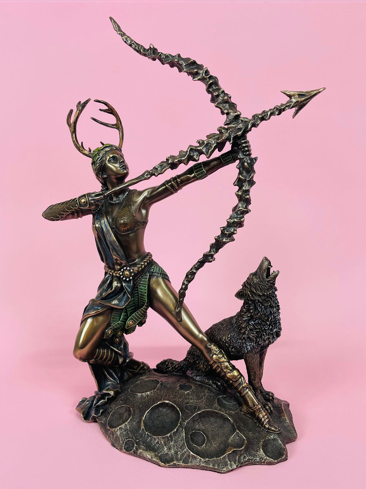 "Artemis bronze statue with bow and moon, Greek Goddess of the Hunt, Forests and Hills – symbol of strength, intuition and lunar power"