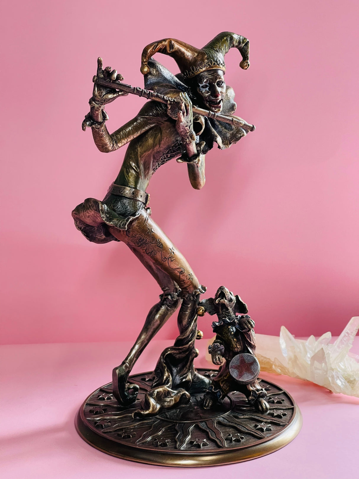 "Jester with Dog bronze statue – symbol of joy, loyalty, truth, and laughter, detailed cold-cast bronze sculpture"