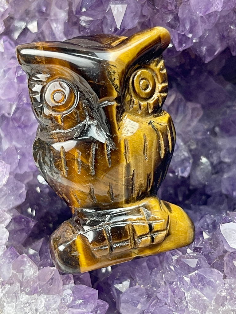 Tiger Eye Owl Carving - Strength. Protection.