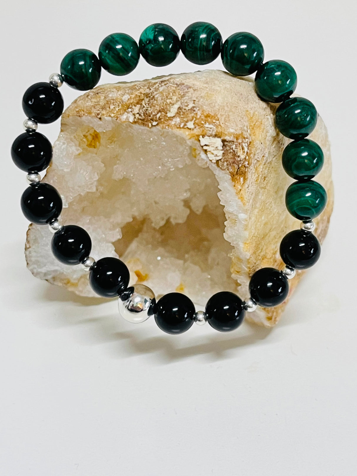 Malachite & Black Obsidian Silver Bracelet
