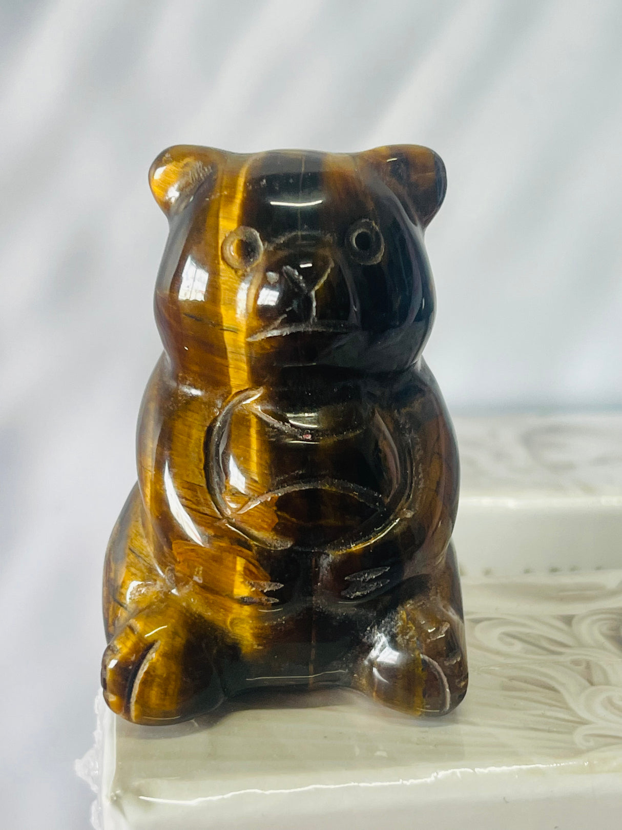 Tiger Eye Teddy Bear Carving 5 cm × 3 cm – golden-brown crystal bear symbolising courage, grounding and protection, Inspired By 3 Australia.