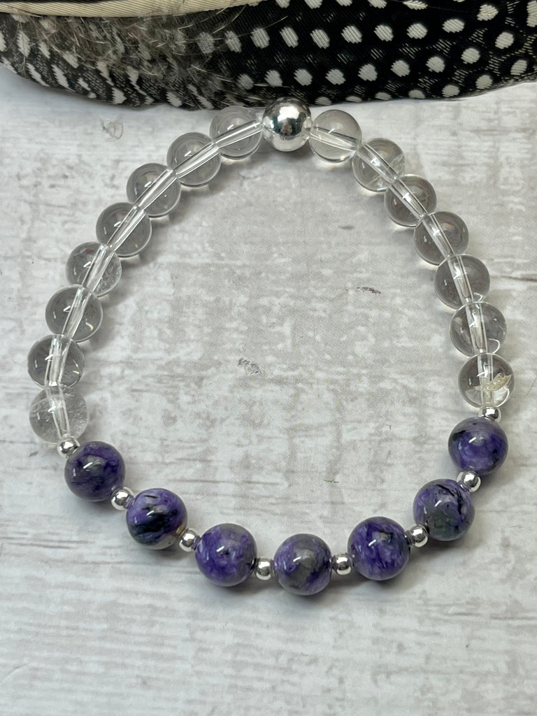 Charoite and Clear Quartz Silver Bracelet- Healing. Negativity. Protection.