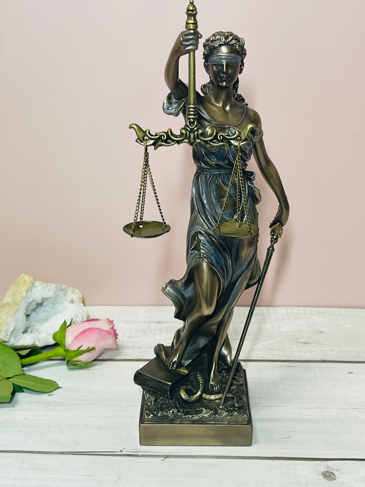 "Lady Justice bronze statue holding scales and sword – symbol of truth, law, and divine balance"