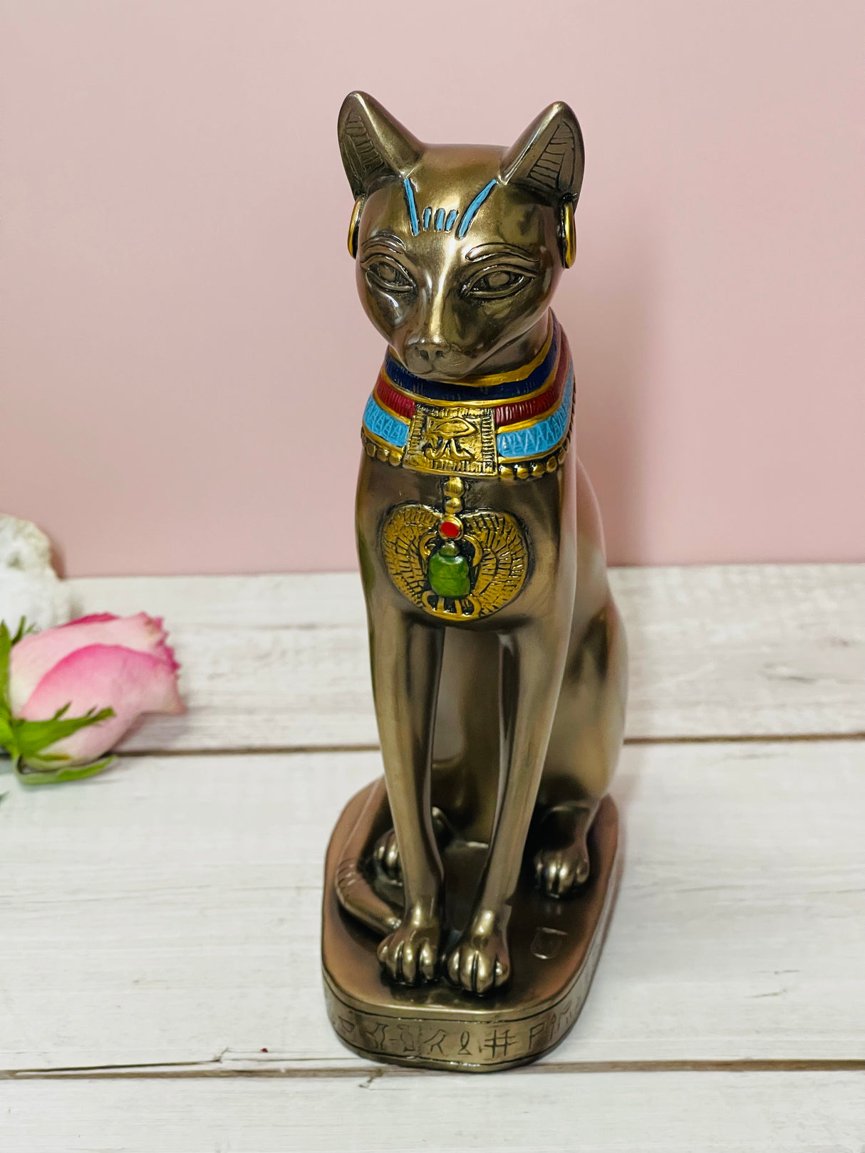 "Bast bronze statue holding sistrum – Egyptian Goddess of Protection, Fertility and the Moon, symbol of motherhood and creativity"