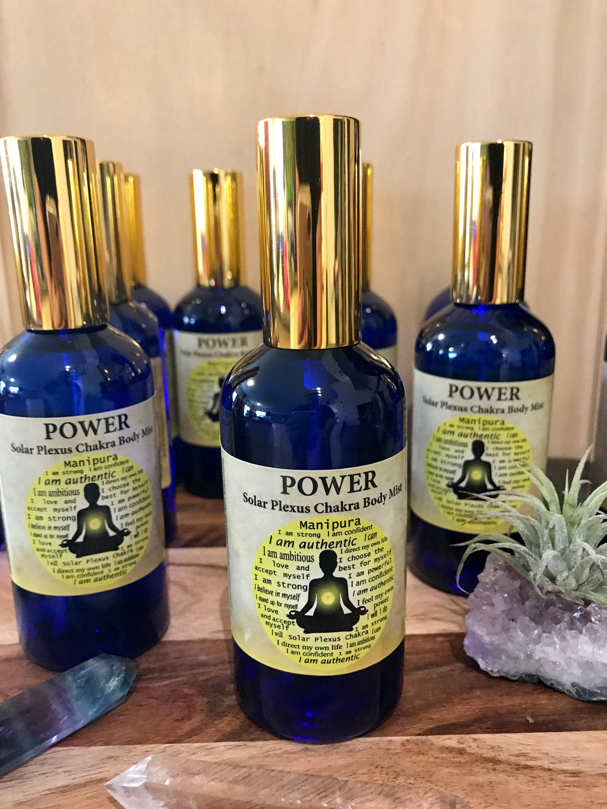 Power Chakra Mist in a 100ml glass bottle with gold atomiser, infused with Peppermint and Bergamot oils, crystal-charged and Reiki-activated by Inspired By 3.