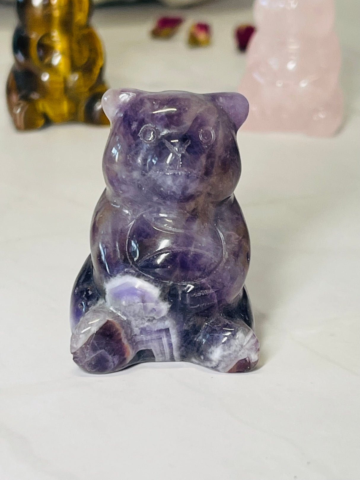 Chevron Amethyst Teddy Bear Carving 5 cm × 3 cm – purple and white banded crystal bear for peace, clarity and intuition, Inspired By 3 Australia.