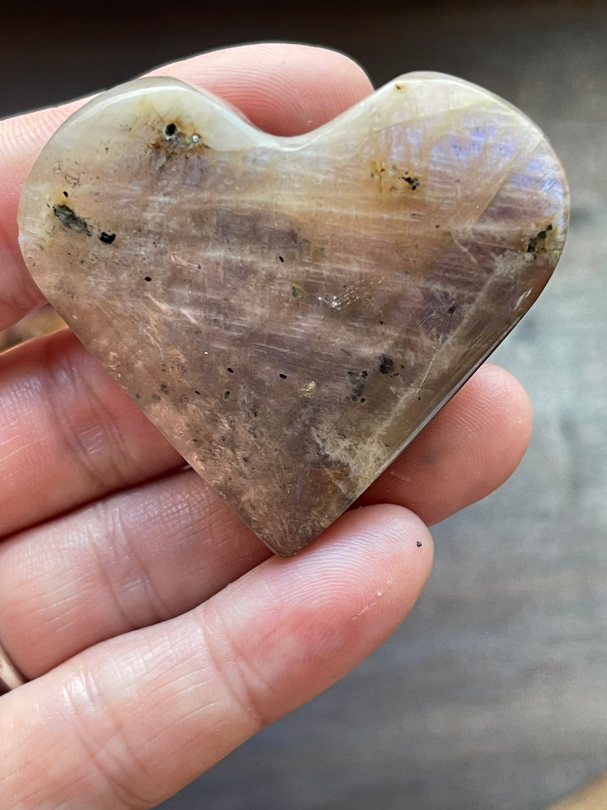 Moonstone Peach Heart with Blue Flashes #5 - New Beginnings. Travel Protection.