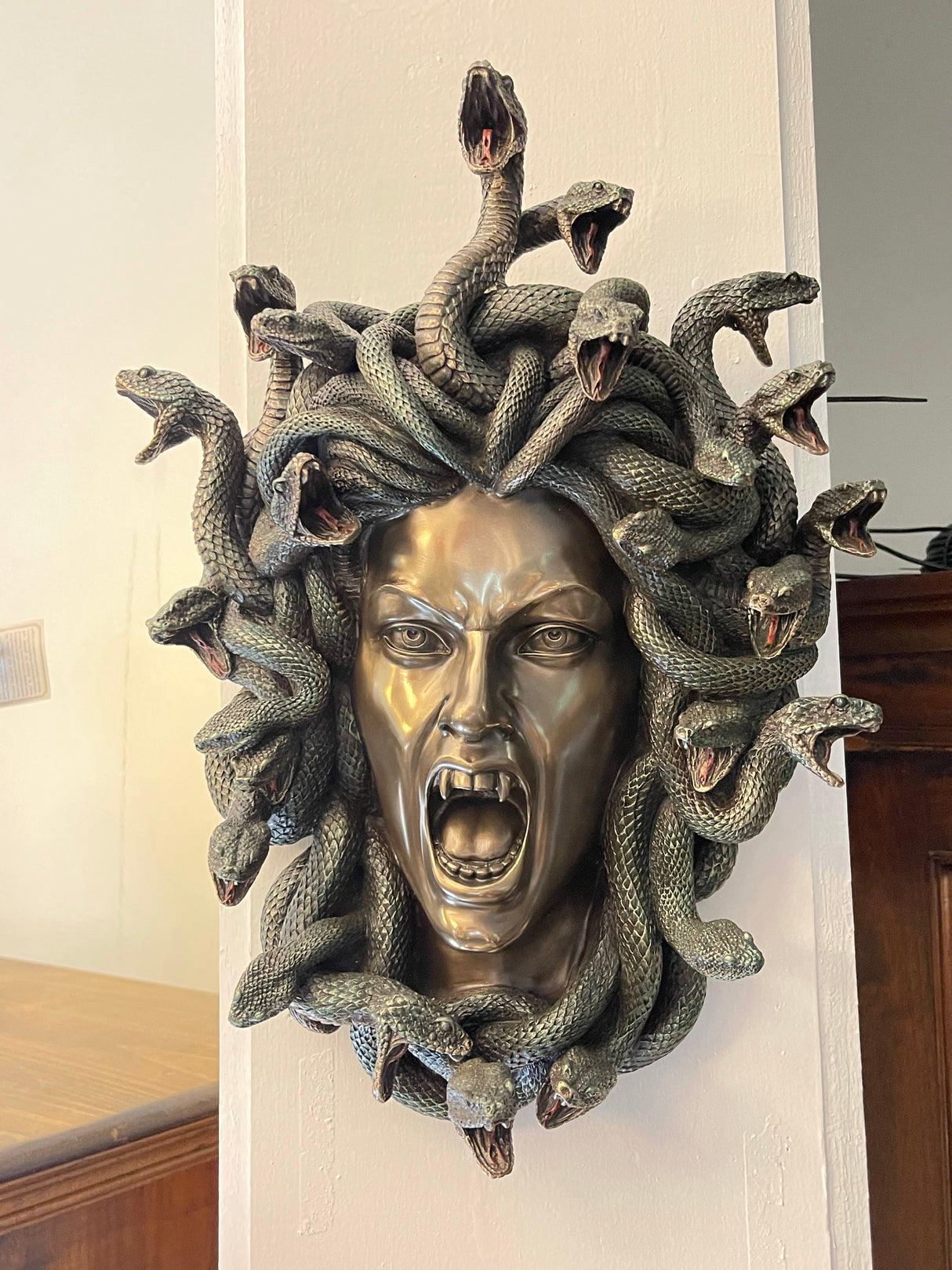 "Medusa bronze wall plaque with serpent crown – Greek Goddess symbol of feminine power, transformation and protection"