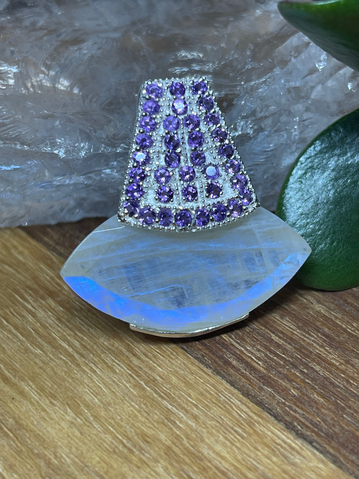 Moonstone Rainbow & Amethyst Pendant & Silver Chain - Inner Peace & New Beginnings