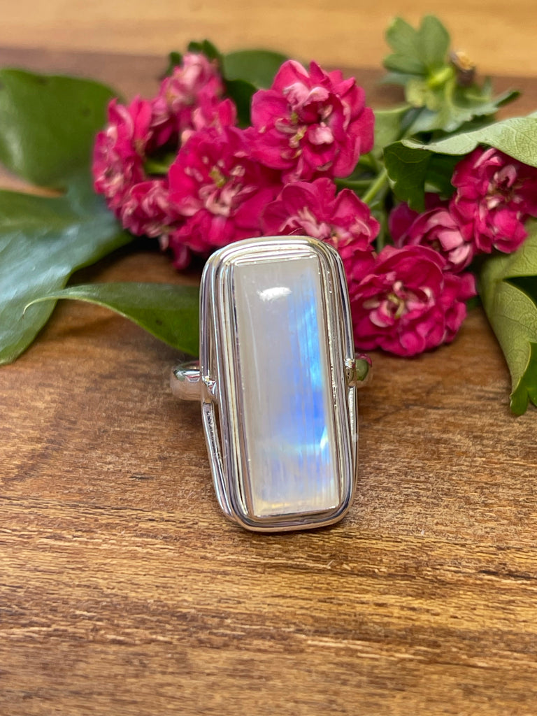 Moonstone Rainbow Silver Ring Size 7 - Inner Peace & New Beginnings
