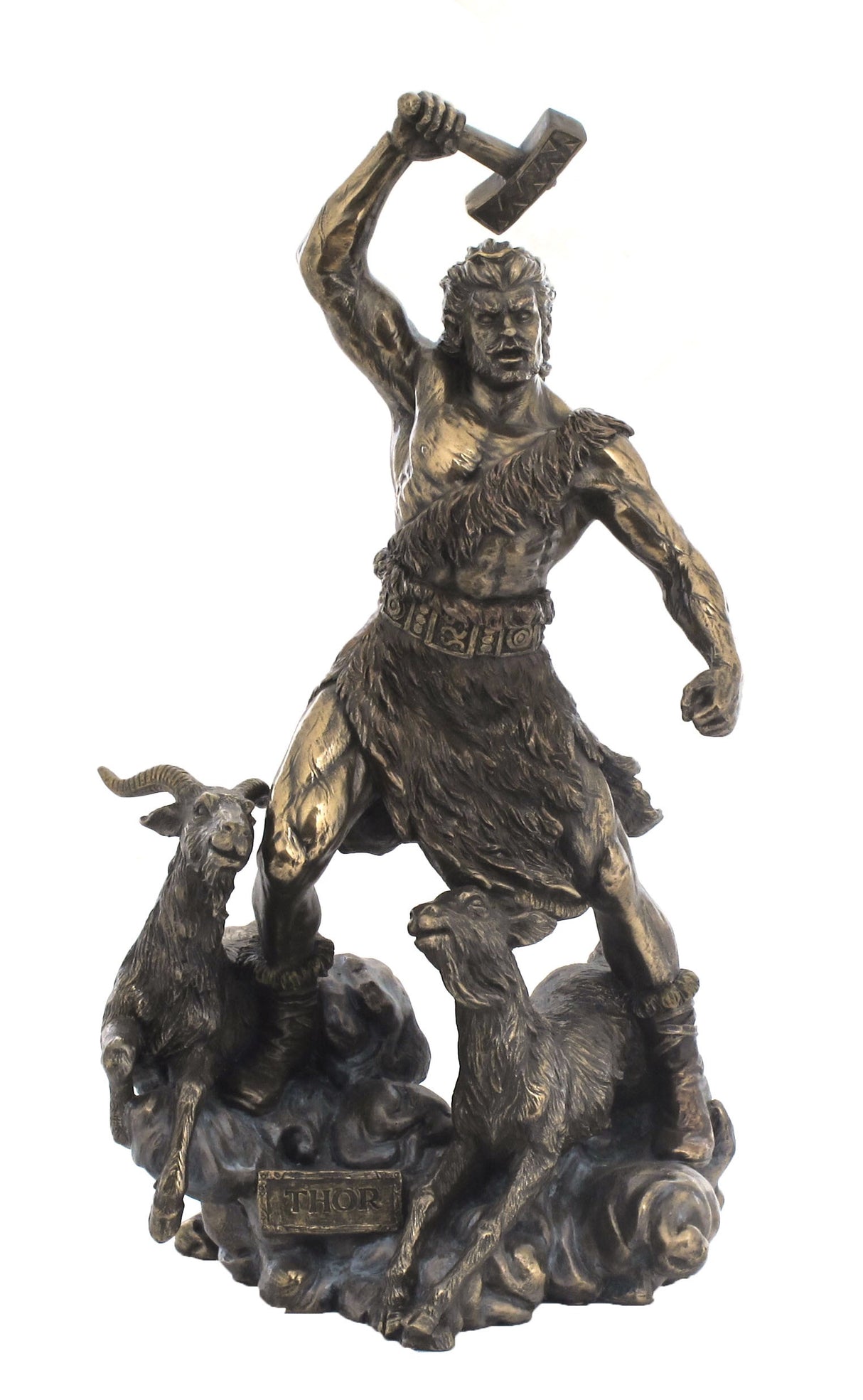 "Thor bronze statue holding Mjölnir hammer – Norse God of Thunder and Protection, symbol of strength and courage"