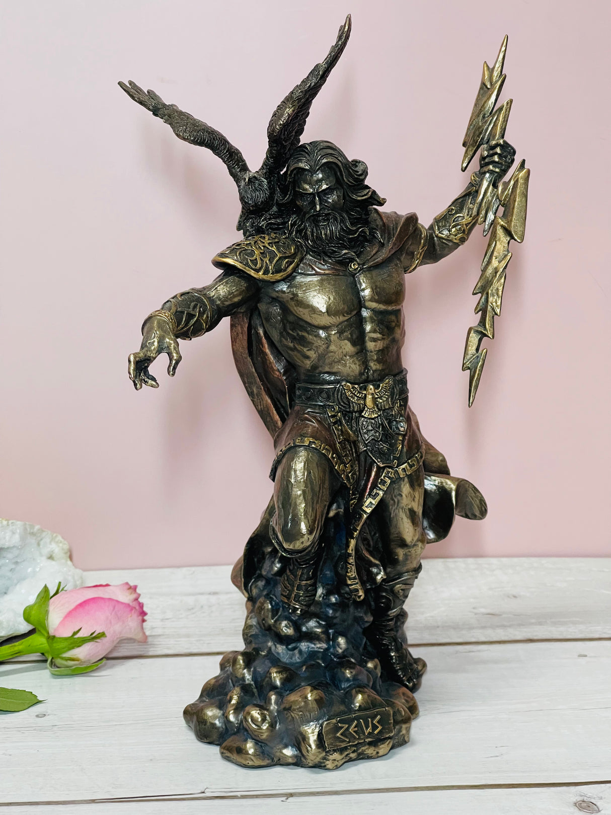 "Zeus bronze statue holding thunderbolt – Greek King of the Gods, symbol of strength, wisdom and divine authority"