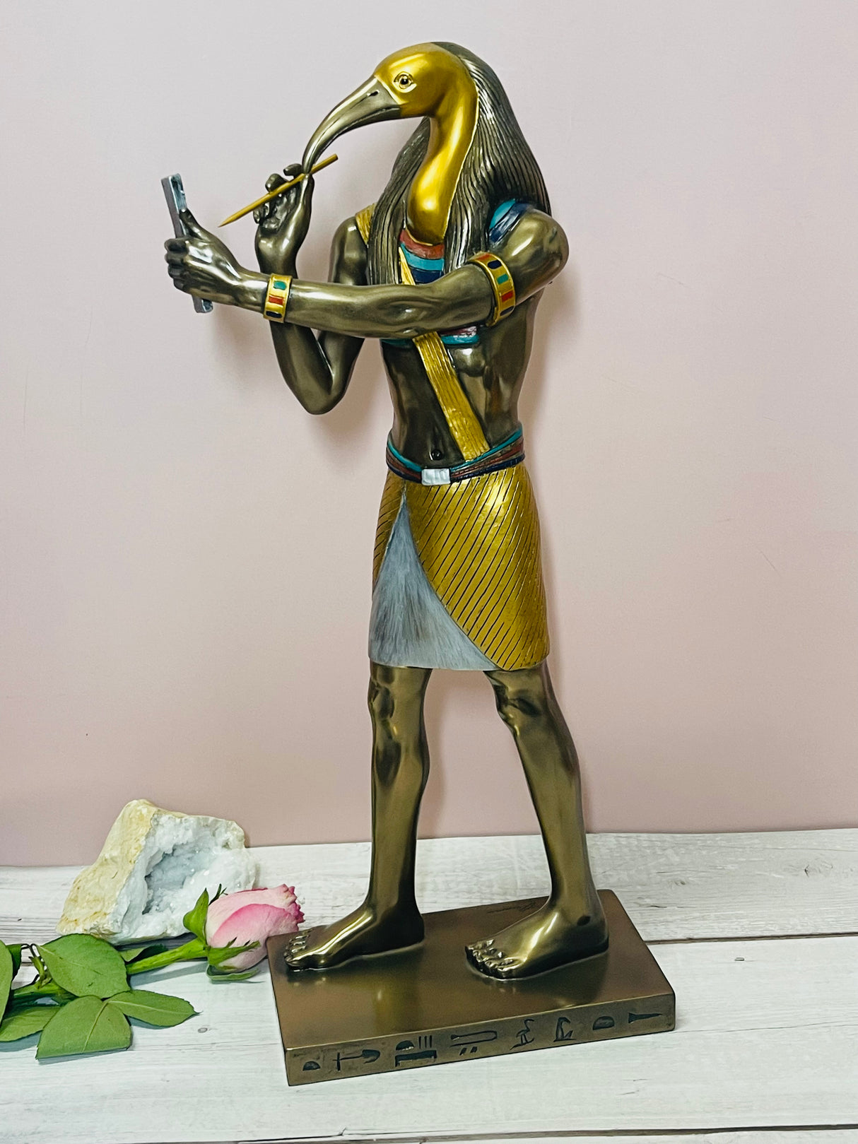 "Thoth bronze statue with ibis head – Egyptian God of Wisdom, Magic and the Moon, holding divine scrolls, symbol of knowledge and time"