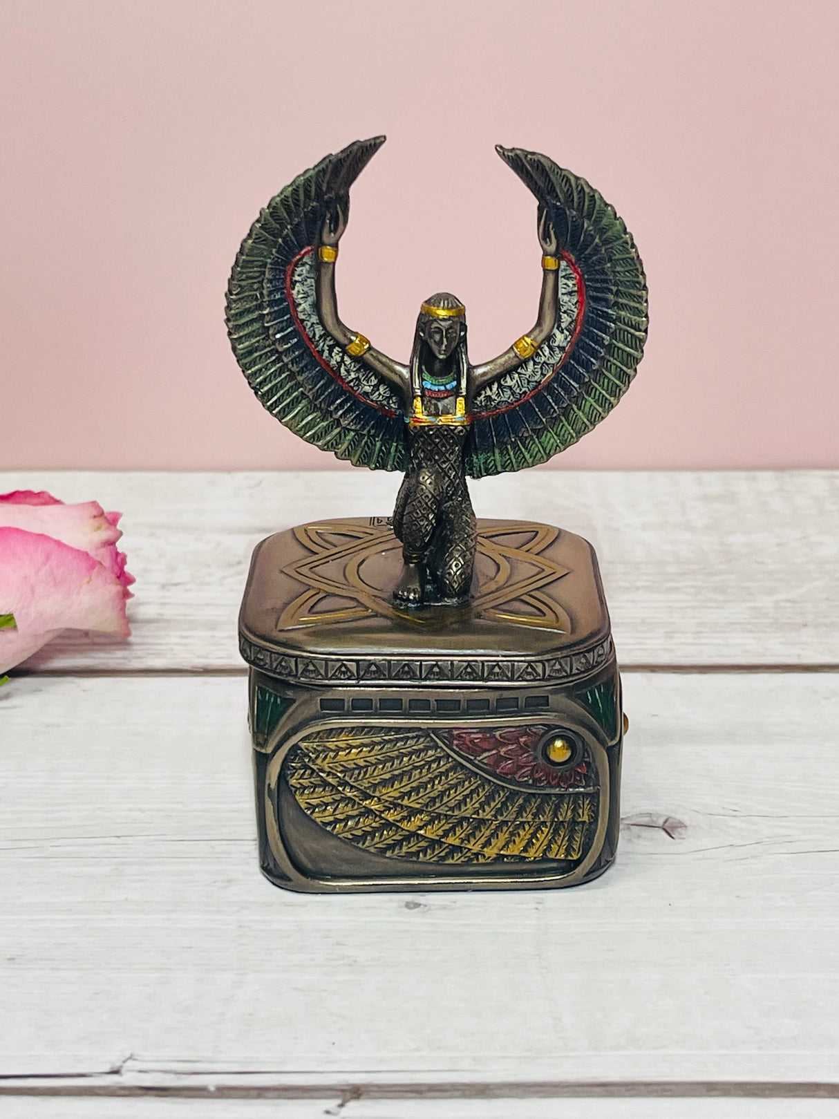 "Goddess Isis bronze trinket box with wings outstretched – Egyptian goddess of magic, marriage, fertility and healing"