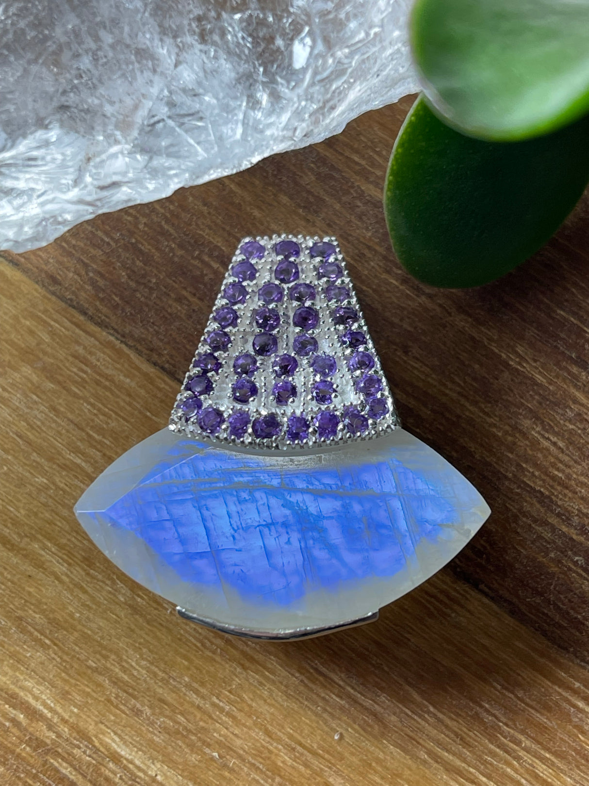 Moonstone Rainbow & Amethyst Pendant & Silver Chain - Inner Peace & New Beginnings