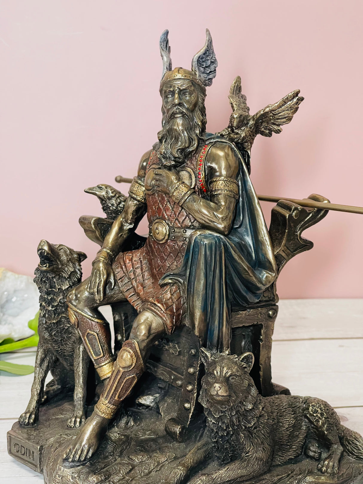 "Odin bronze statue with ravens and wolves – Norse God of Wisdom, Poetry, Divination and Magic, symbol of knowledge and strength"