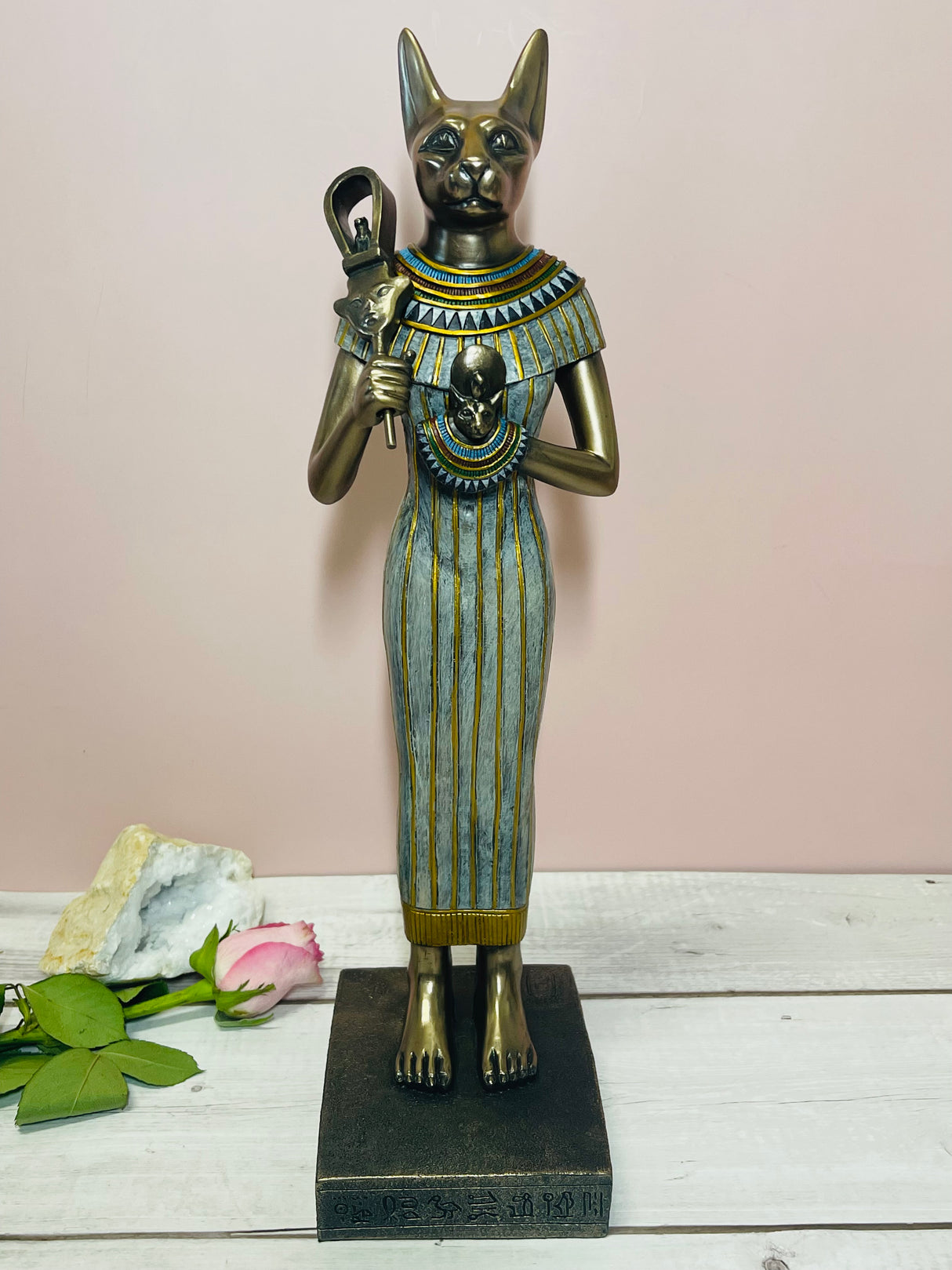 "Bast bronze statue holding a sistrum – Egyptian Goddess of Protection, Fertility and the Moon, symbol of motherhood and creative power"