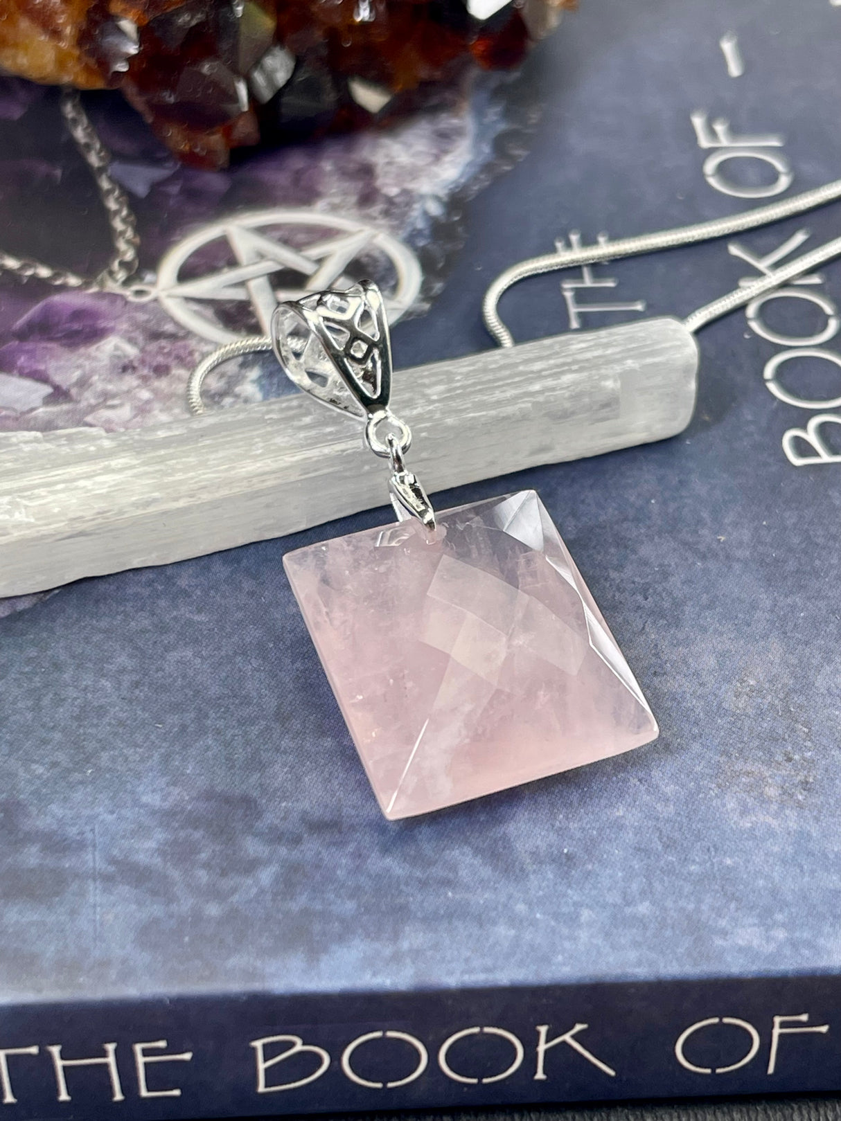 Rose Quartz Checker Cut Pendant & Chain - "I radiate love, beauty, confidence, and grace."