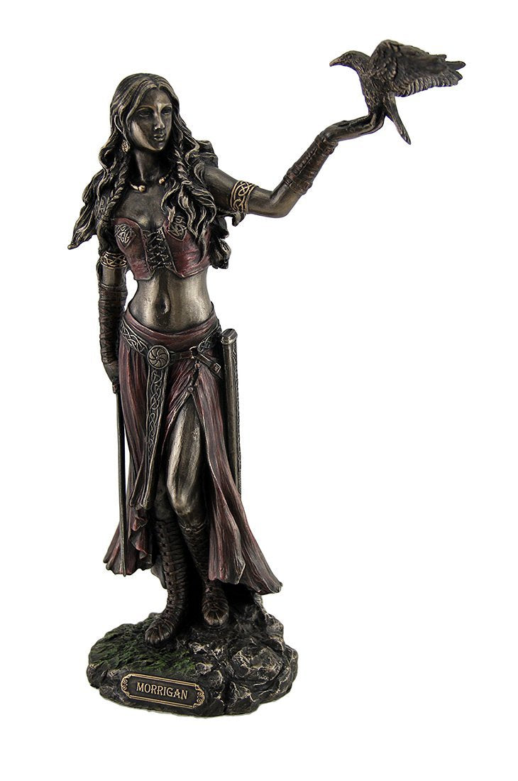 "Morrigan and Raven bronze statue – Celtic Goddess of Magic, Water and Witches, symbol of prophecy, transformation and feminine power"