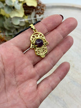 Amethyst Hamsa Hand pendant brass 33x22x6.5mm – purple crystal for protection, peace and intuition – Inspired By 3 Crystals Australia.
