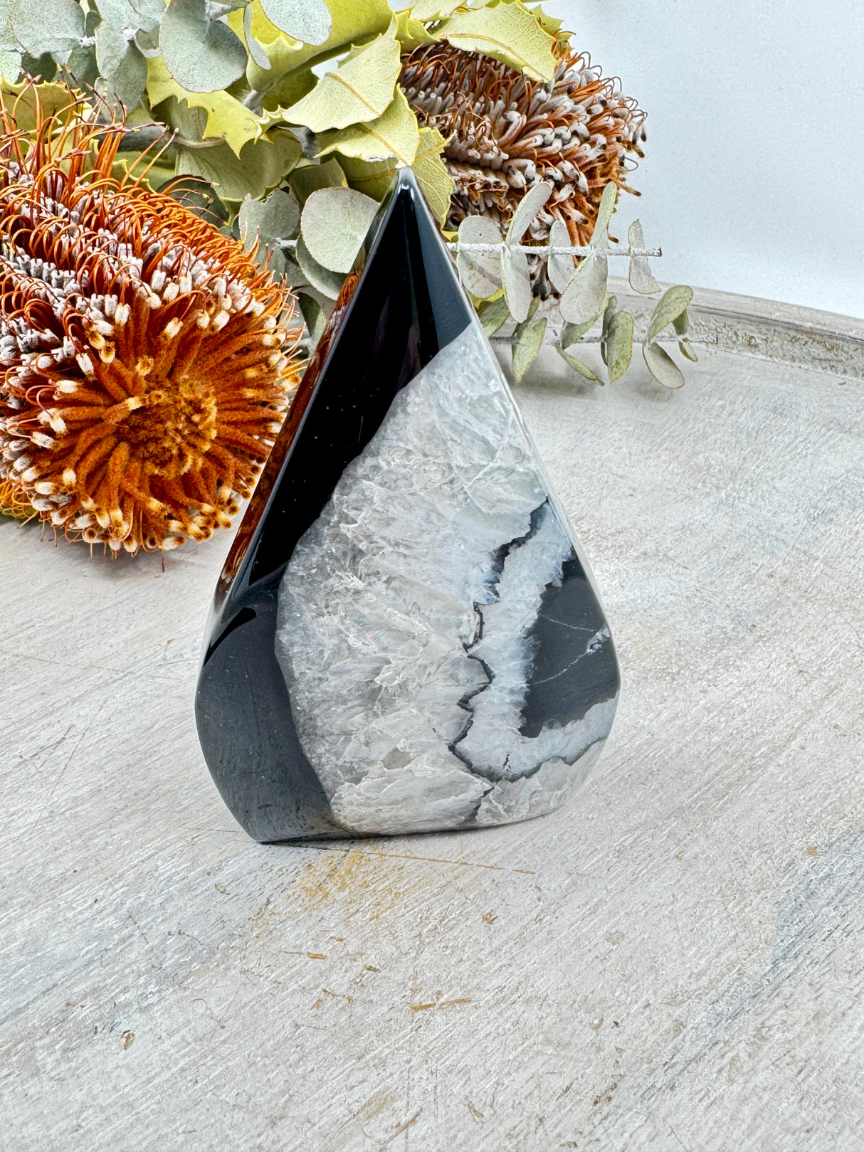 Black Banded Agate flame 172g 6x9cm – layered black and white crystal for grounding, protection and balance – Inspired By 3 Crystals Australia.