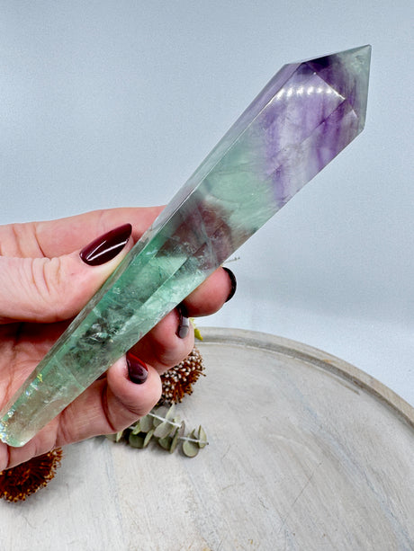Rainbow Fluorite wand 155g 15.5x2.8cm – violet and green crystal for peace, grounding and intuitive flow – Inspired By 3 Crystals Australia.