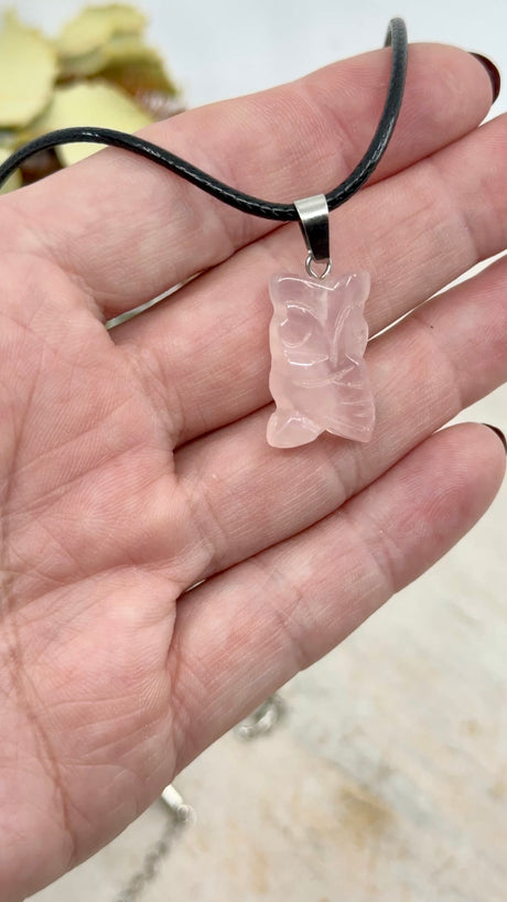 Rose Quartz owl pendant 24x14x7mm stainless steel finding – pink healing crystal for love, wisdom and emotional healing – Inspired By 3 Crystals Australia.