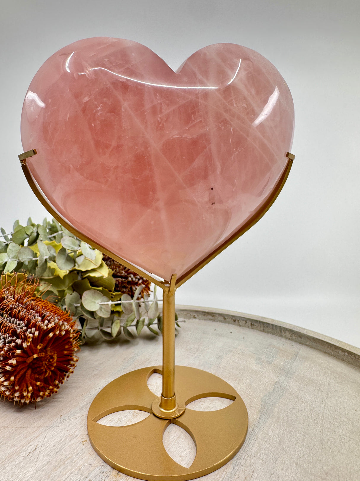 Large Rose Quartz Heart on Gold Stand 1.6kg (16x14cm) – Stone of Love, Peace & Emotional Healing