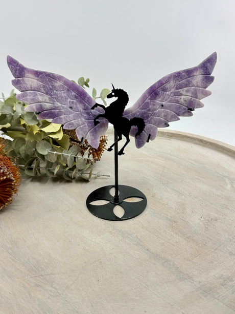 Lepidolite unicorn wings on black stand 12x5cm – lilac crystal for peace, balance and magic – Inspired By 3 Crystals Australia.