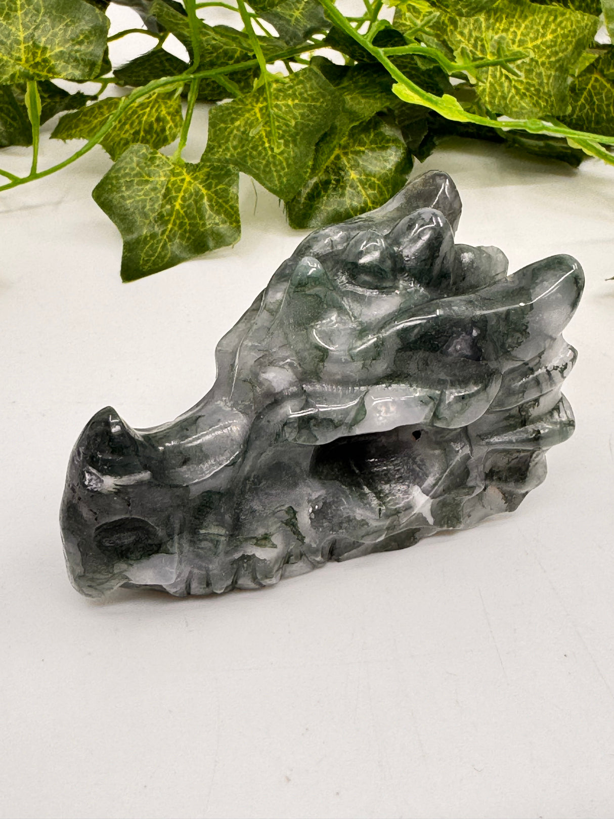 Moss Agate Dragon Head Carving – Earth Magic, Strength and Elemental Wisdom