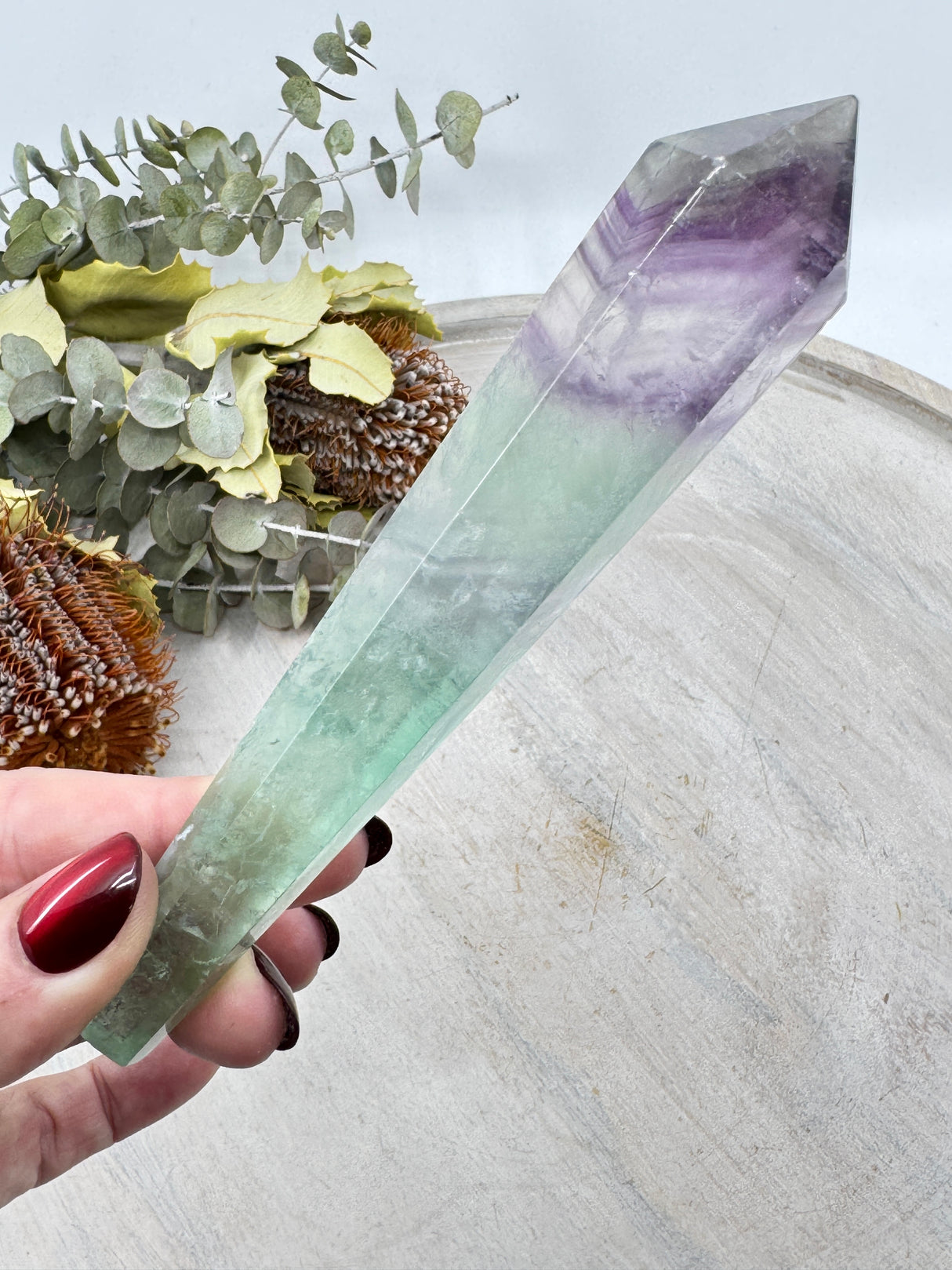 Rainbow Fluorite wand 144g 14.5x3cm – banded violet and green crystal for focus, balance and aura protection – Inspired By 3 Crystals Australia.