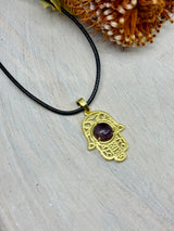 Amethyst Hamsa Hand pendant brass 33x22x6.5mm – purple crystal for protection, peace and intuition – Inspired By 3 Crystals Australia.