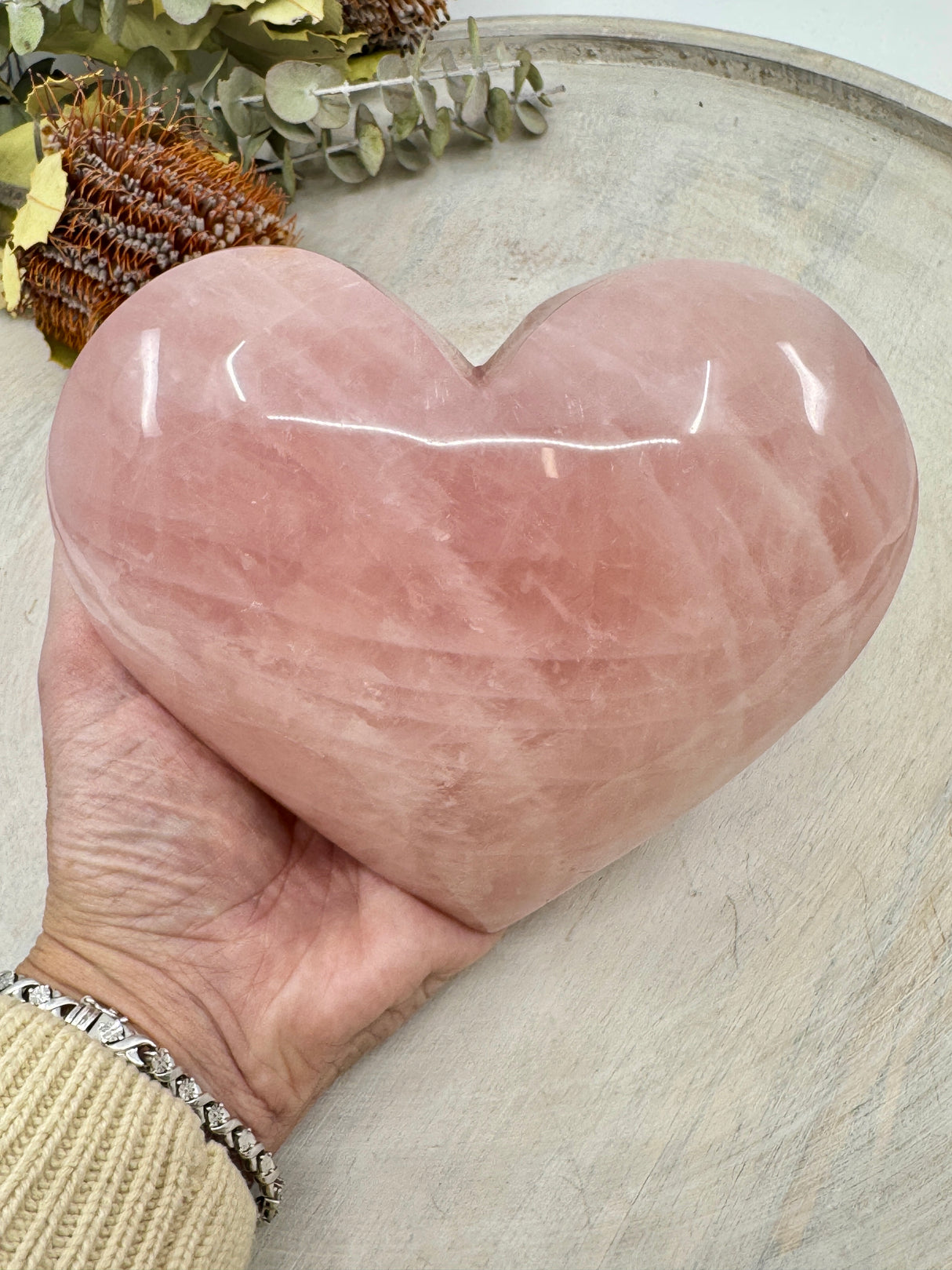 Large Rose Quartz heart on gold stand 1.536kg 16x13cm – deep pink crystal symbol of love, healing and compassion – Inspired By 3 