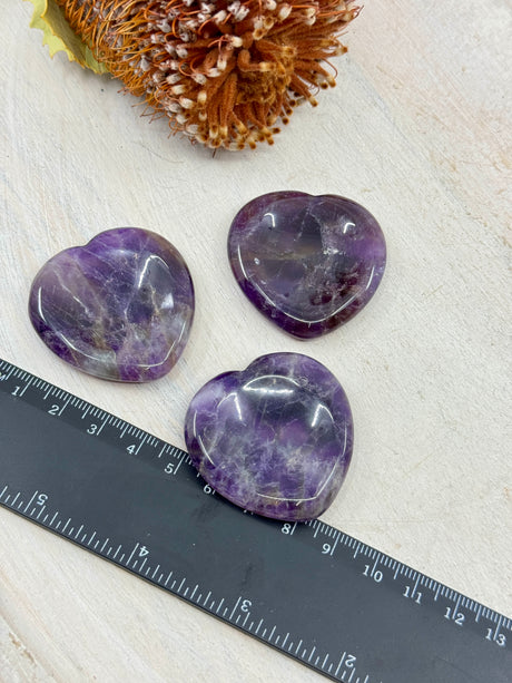 Amethyst heart worry stone 4x4cm with thumb indent – one piece – purple crystal for calm, protection and spiritual clarity – Inspired By 3 Crystals Australia.