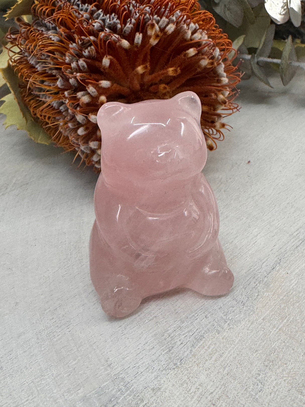 Rose Quartz Teddy Bear Carving 5 cm × 3 cm – soft pink crystal bear symbolising love, compassion and emotional healing, Inspired By 3 Australia.